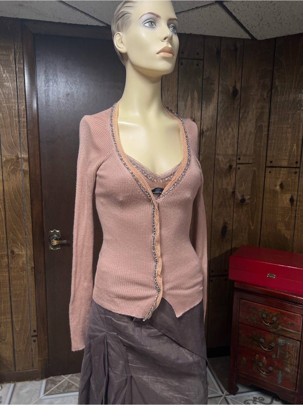 Prada Dusty Pink V-Neck Lace-Trim beaded twin set w/Cardigan&camisole